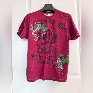 Ringspun raspberry burgundy men’s tshirt with Phoenix shiny beads, size M